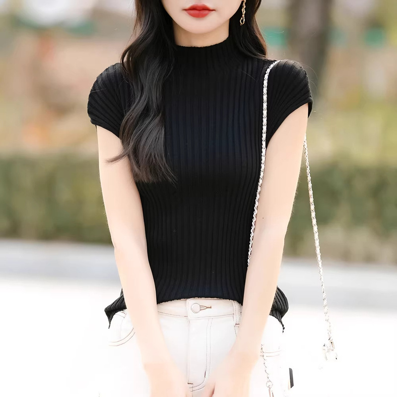 2026 Spring New Women's Ribbed Half-High Collar Slim Fit Versatile Elegant Knit Top