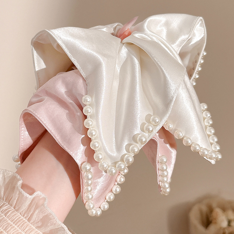 Elegante toallas de perlas cuadradas francesas anillo para el cabello femenino de alta calidad temperamento satén cuerda de cabeza anillo de intestino gran banda de goma para el cabello