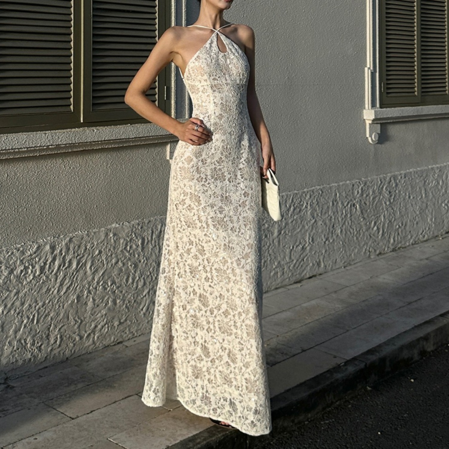 Niche Light Luxury Heavy Lace Halter Neck Birthday Fishtail Dress Light Dress Long Dress French Suspender Dress