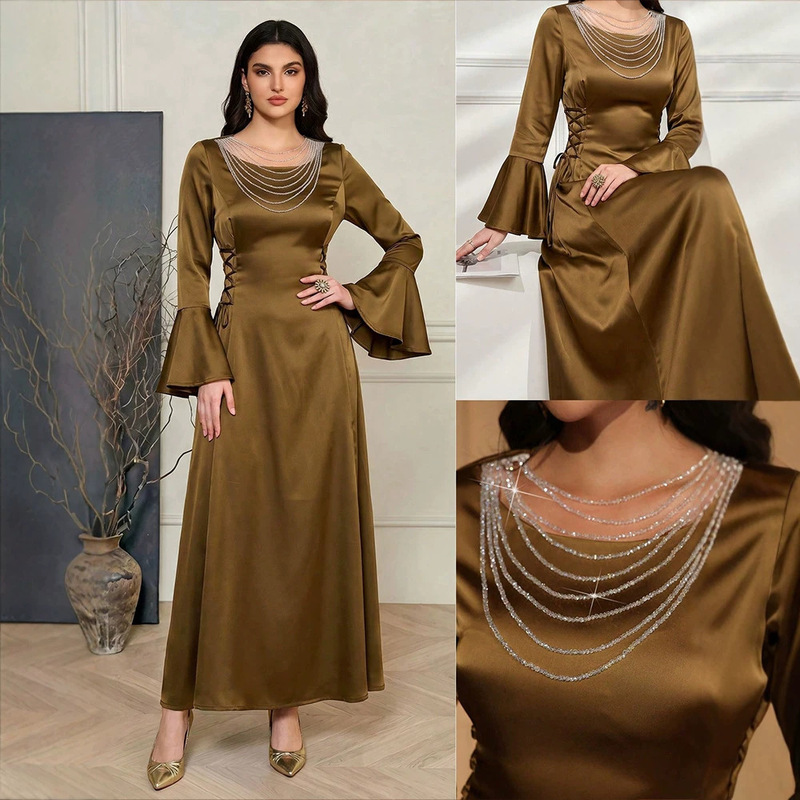 KY2702 Women's Elegant Solid Color Long Dress with Rhinestone Clavicle Chain, a Traditional and Sophisticated Evening Gown