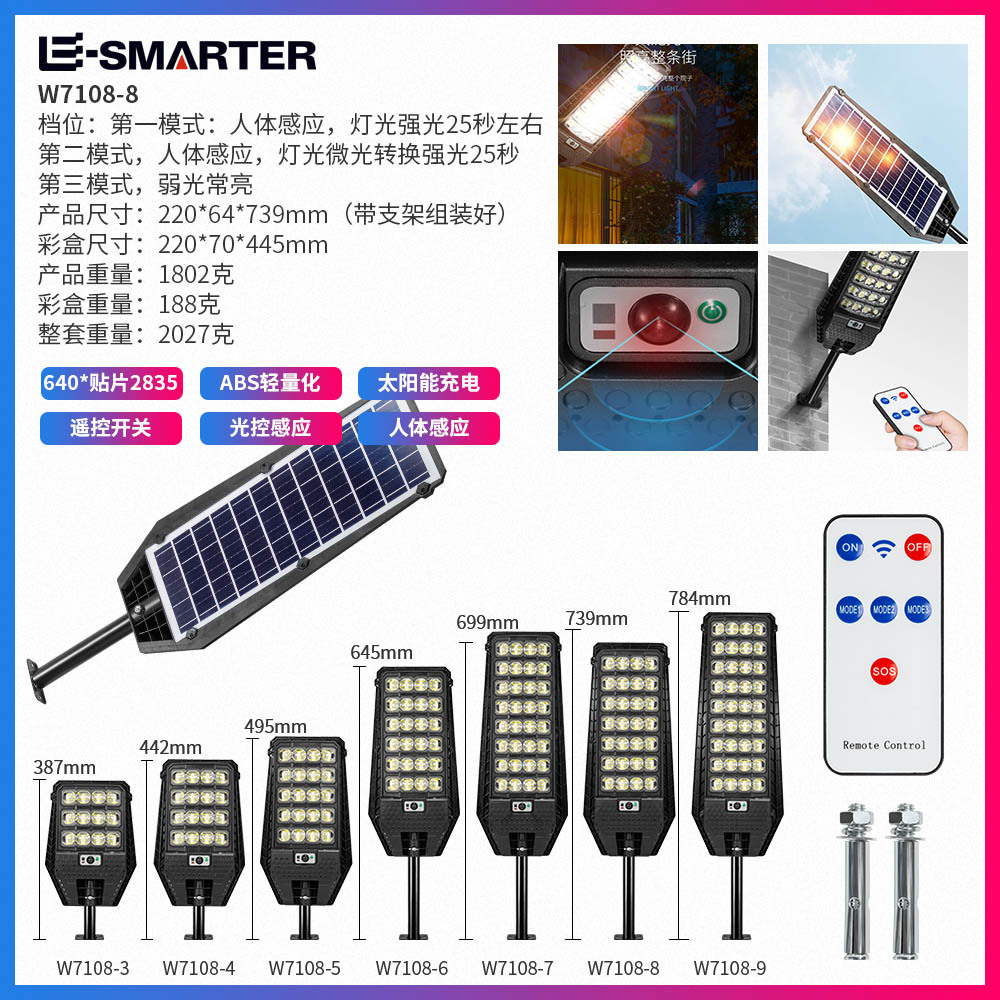 Lámpara de calle solar larga resistencia Cuerpo Humano inducción multifuncional lámpara de jardín de control remoto lente lámpara de iluminación de carretera