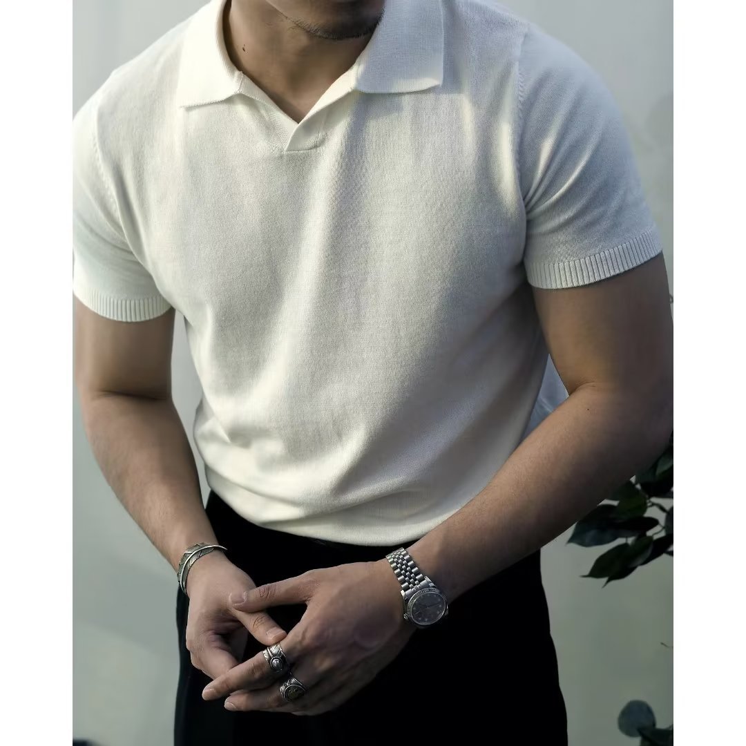 Tejedido de verano lujoso fresco camiseta de manga corta marca de moda hombre solapa de moda coreana casual T camiseta de color sólido polo