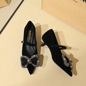 2388-H123 Korean style professional low heeled single buckle with rhinestone bow decoration pointed shallow mouth single