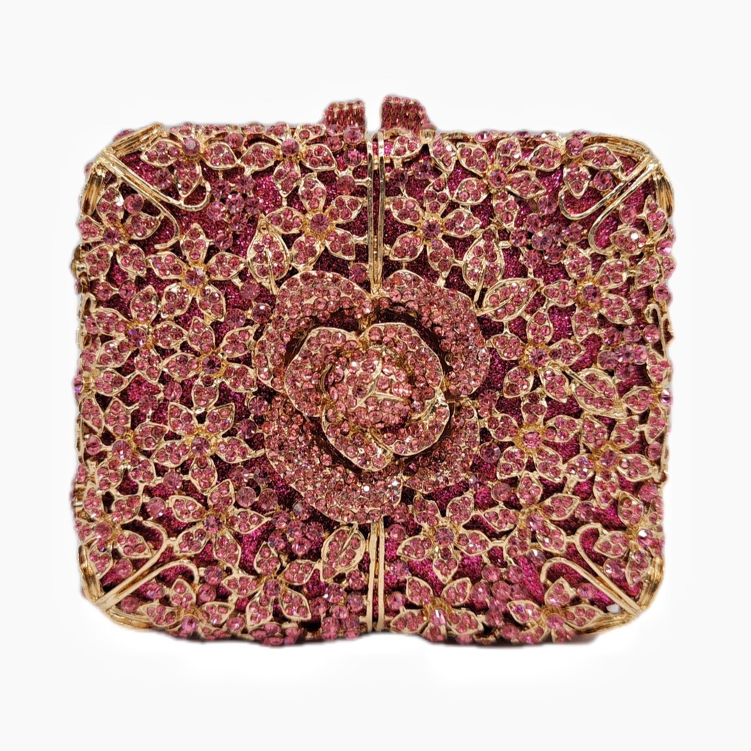 Túi clutch nữ đính đá dạ hội pha lê hoa kim cương kiểu Âu Mỹ — hoa hồng đỏ, hồng nhạt, màu vàng, pha lê màu vàng