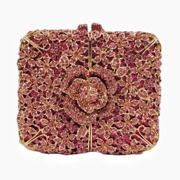 Túi clutch nữ đính đá dạ hội pha lê hoa kim cương kiểu Âu Mỹ — hoa hồng đỏ, hồng nhạt, màu vàng, pha lê màu vàng