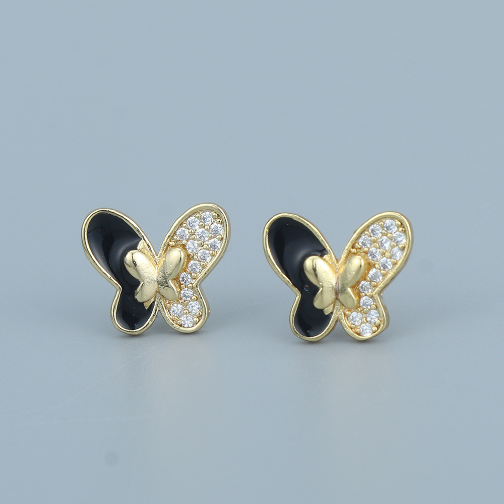 Retro Butterfly Copper Ear Studs Zircon Copper Earrings display picture 2