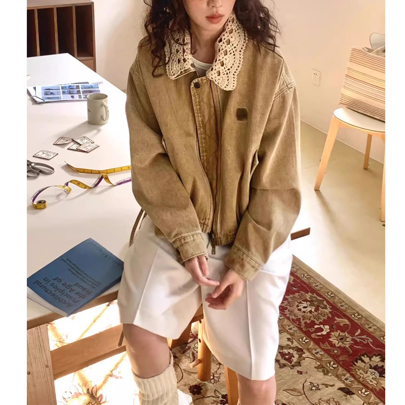 Vintage Khaki Cool and Chic Short Jacket for Women 2026 Spring New Style Petite Loose Washed Denim
