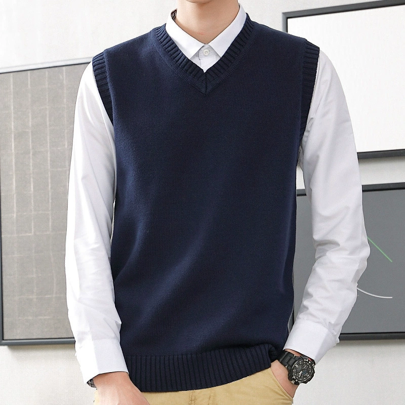 Осенний мужской жилет в Корейском стиле, свитер, пуловер с V-образным вырезом, Мужская трикотажная одежда, повседневная облегающая рабочая одежда, жилет без рукавов