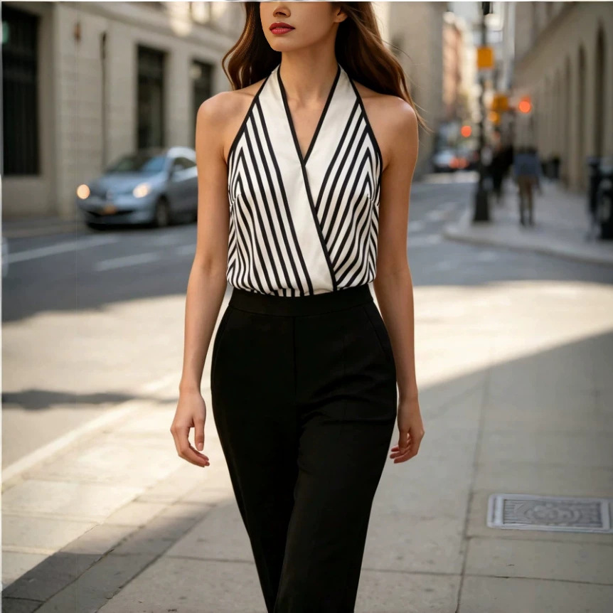 New Cross-Border Foreign Trade European and American Summer Urban Fashion Style Geometric Pattern Sleeveless Tie-Up Camisole for Women