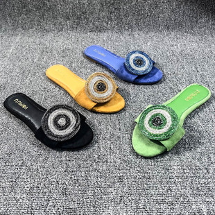 2025 New Summer Flats-Soled Slippers for Women, High-Bottom Fashionable Rhinestone Suede Outer Wear Sliers