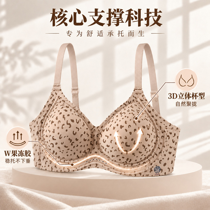 Jelly-soft support bra for girls, featuring a leopard print, seamless design, push-up cups, lightweight construction, a three-dimensional shape, and comfortable, breathable fabric