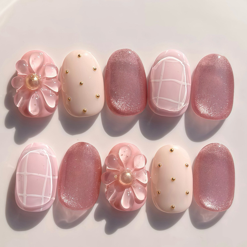 Ultra-Short Almond-Shaped Cat-Eye Nail Stickers with Japanese Spring Floral Pink-Purple Pattern, Popular Foreign Trade Item Ultra-Short Almond-Shaped Cat-Eye Nail Stickers with Japanese Spring Floral Pink-Purple Pattern, Popular Foreign Trade Item