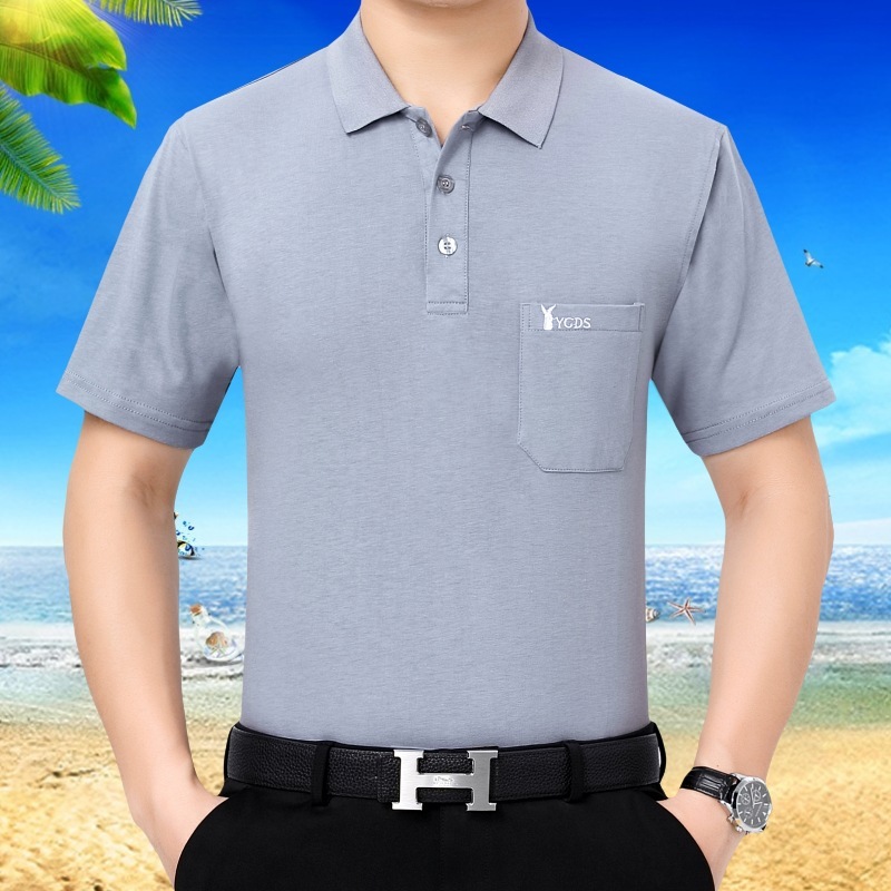 父純綿tシャツ男半袖中年男服折り襟真袋純色男中老人カジュアルtシャツ男|undefined