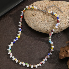 彩色琉璃珠仿珍珠项链男士百搭波西米亚串珠不对称小众设计感项链