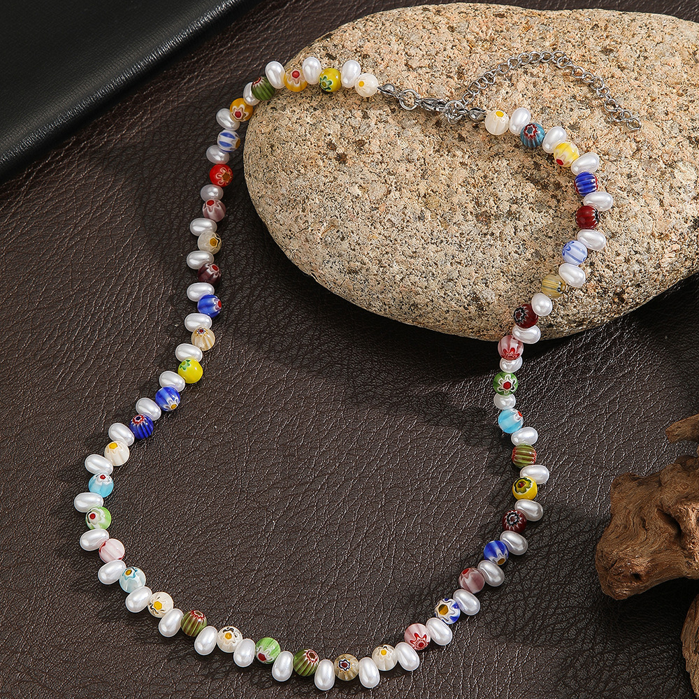 彩色琉璃珠仿珍珠项链男士百搭波西米亚串珠不对称小众设计感项链