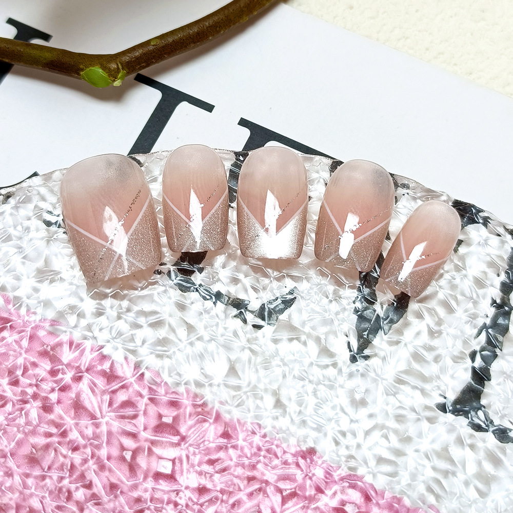 Pegatinas para uñas color rosa nude estilo ojo de gato, 10 piezas de diferentes tamaños, puntas de uñas artificiales hechas a mano, puntas de manicura francesa diagonal minimalista.