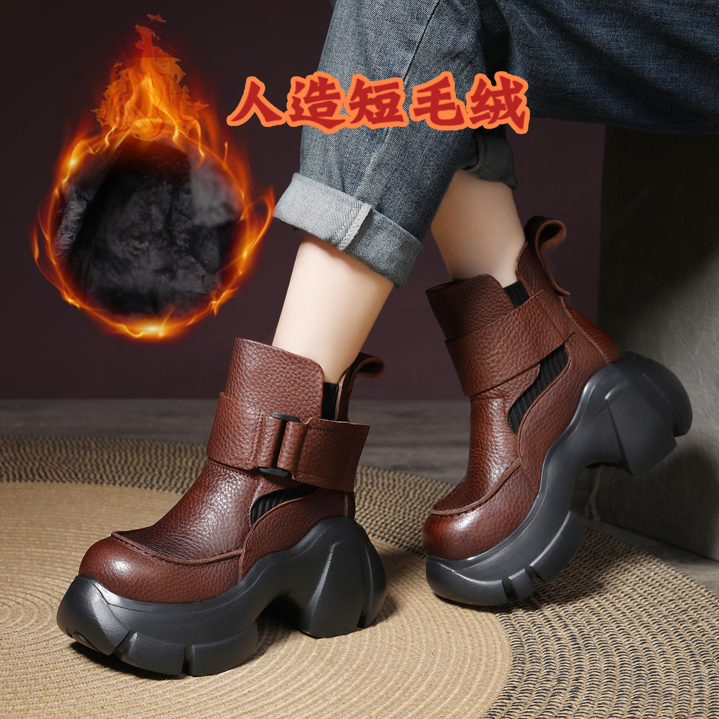 靴子女2025秋冬新款头层牛皮厚底高跟靴复古短筒棉靴真皮短靴潮