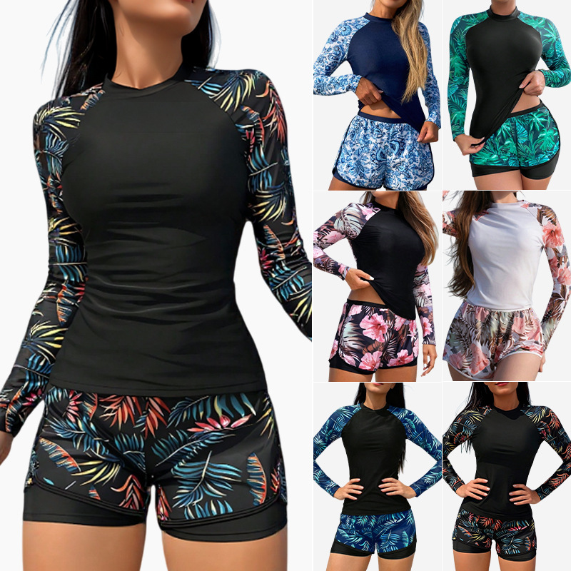 Amazon European and American Style Racing Swimwear Long-Sleeve Printed Wetsuit Double-Layer Pants Women's Two-Piece Tankini Swimsuit Cross-Border