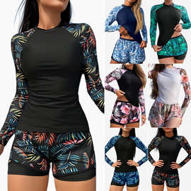 亚马逊欧美竞速泳装长袖印花潜水服双层裤头女分体坦基尼泳衣跨境