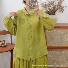 2026夏季新款苎麻休闲纯色文艺复古潮流百搭薄款圆领开衫衬衫