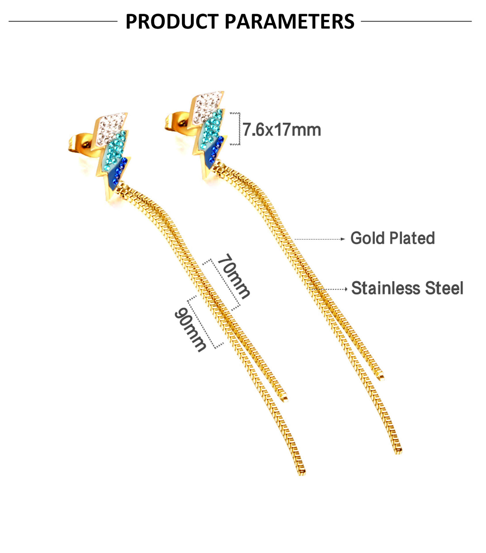 Fashion Moon Heart Shape Lightning Stainless Steel Tassel Plating Inlay Zircon Drop Earrings 1 Pair