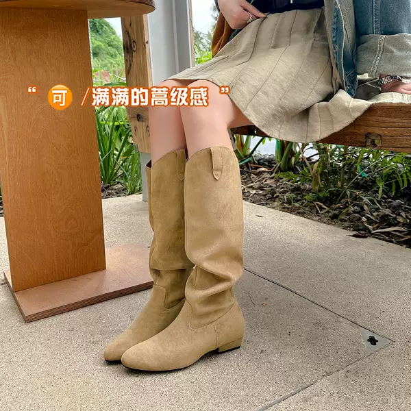 2026 Autumn/Winter Shibuya Boots V-Cut Pointed Toe Suede Hidden Heel Chunky Heel High Tube Riding Boots Women's Western Slouch Boots