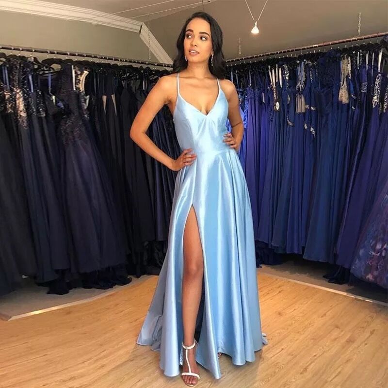 Amazon Comercio exterior vestido de noche luz cielo azul satén largo Cruz espalda vestido de noche formal de las mujeres para ocasión
