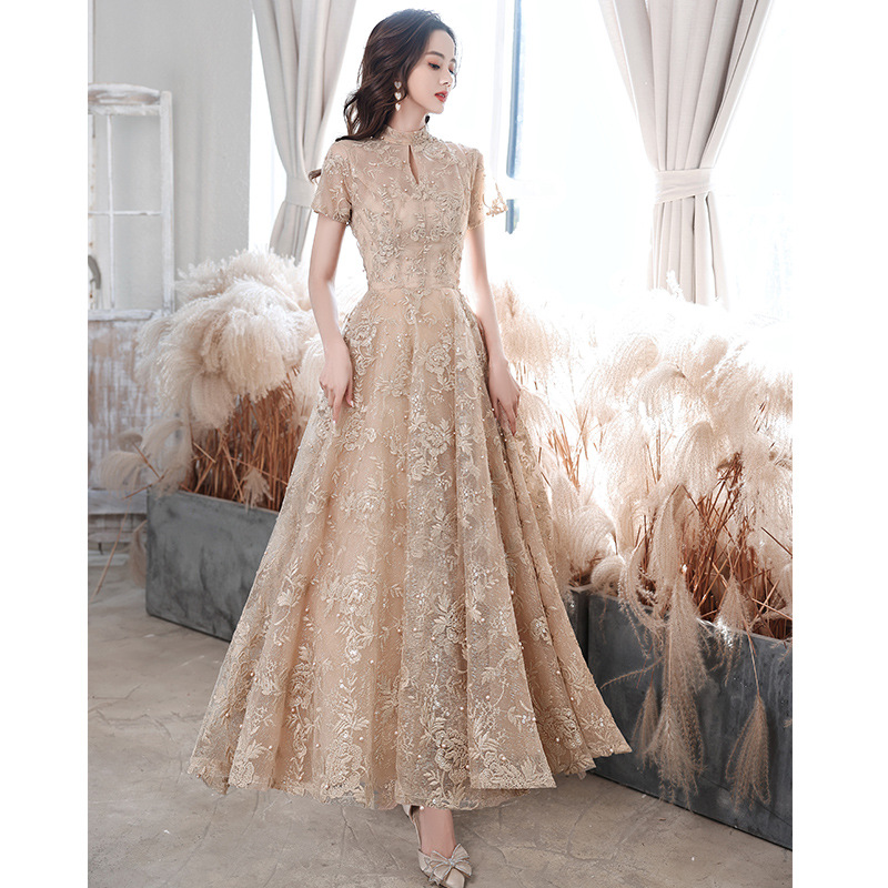 Champagne banquete vestido de noche nuevo verano transfronterizo temperamento de hadas arte examen rendimiento vestido Reunión Anual vestido anfitrión