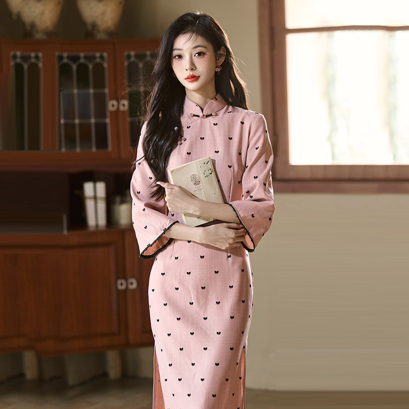 粉色蓝色国风中式长款秋季长袖旗袍改良年轻款女复古修身收腰春秋|undefined