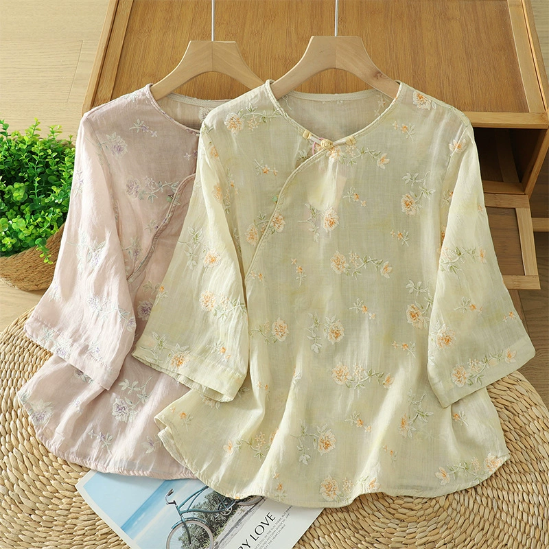 Летняя новинка 2025 года: улучшенная художественная свободная тонкая рубашка с круглым вырезом в ретро-китайском стиле для женщин
