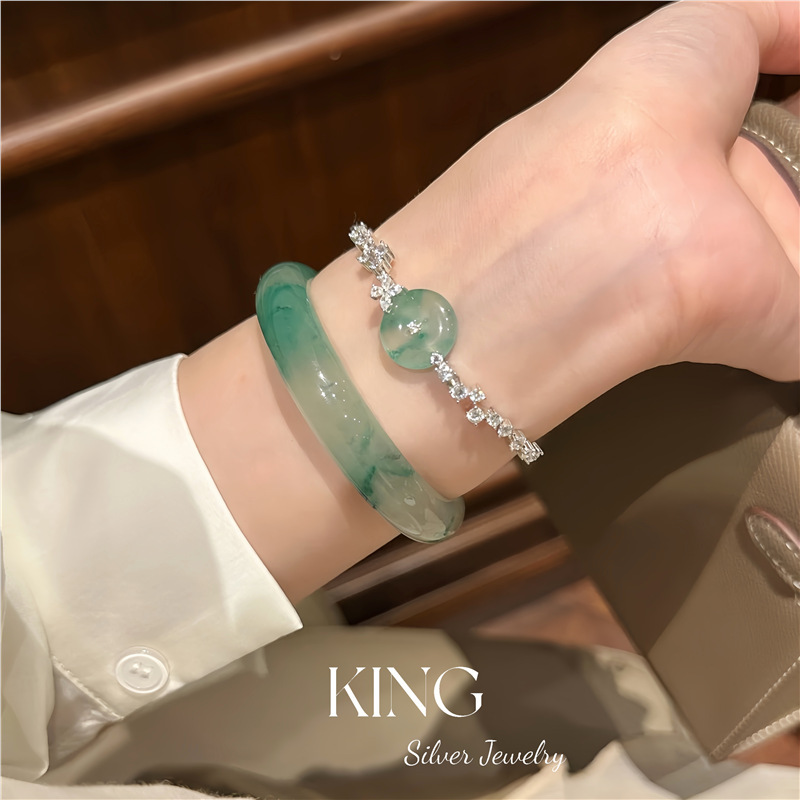 翠翠平安 | S925银镀金非洲翠平安扣新中式纯银手链|undefined