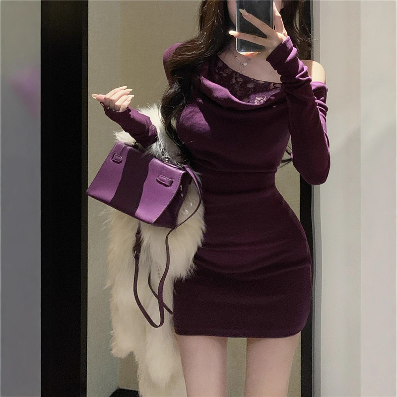 Pure Lust Style Sexy Slanted Shoulder Long-Sleeved Dress for Women Autum New Sexy Lace Splicing Tight Hip-Hugging Short Skirt