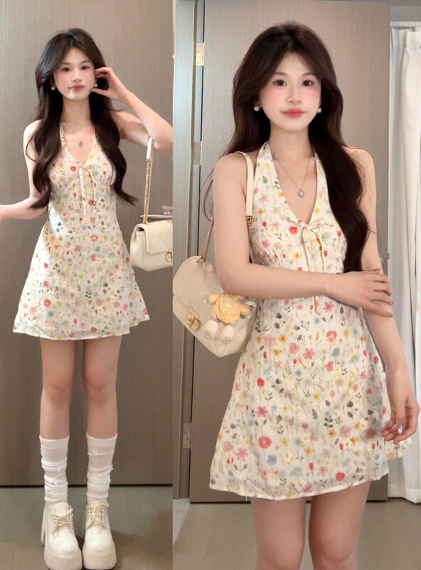 French-Style White Sleeveless Halter Neck Floral Dress for Women, New Summer Style, Elegant Beach Vacation Short Dress French-Style White Sleeveless Halter Neck Floral Dress for Women, New Summer Style, Elegant Beach Vacation Short Dress