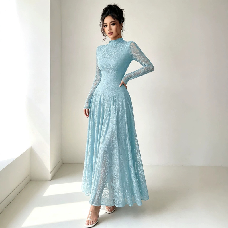European and American style cross-border half-turtleneck long-sleeve lace dress for women, with a cinched waist, flared skirt, and elegant, slim-fit long dress European and American style cross-border half-turtleneck long-sleeve lace dress for women, with a cinched waist, flared skirt, and elegant, slim-fit long dress