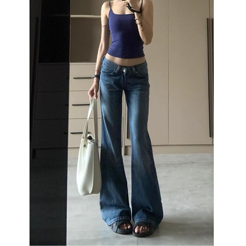 Dark Blue Low-Waist Bootcut Jeans for Women 2025 Autum Thin American Style Non-Leg-Fitting Stretch Hottie Straight Bell-Bottom Pants