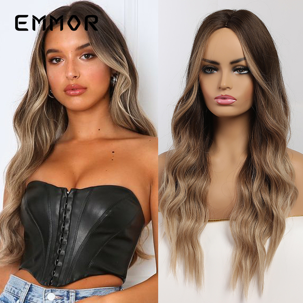 Nuevo estilo transfronterizo estilo europeo y americano wigs cabello largo y rizado gradiente gris marrón seda de alta temperatura peluca de fibra química cubierta completa