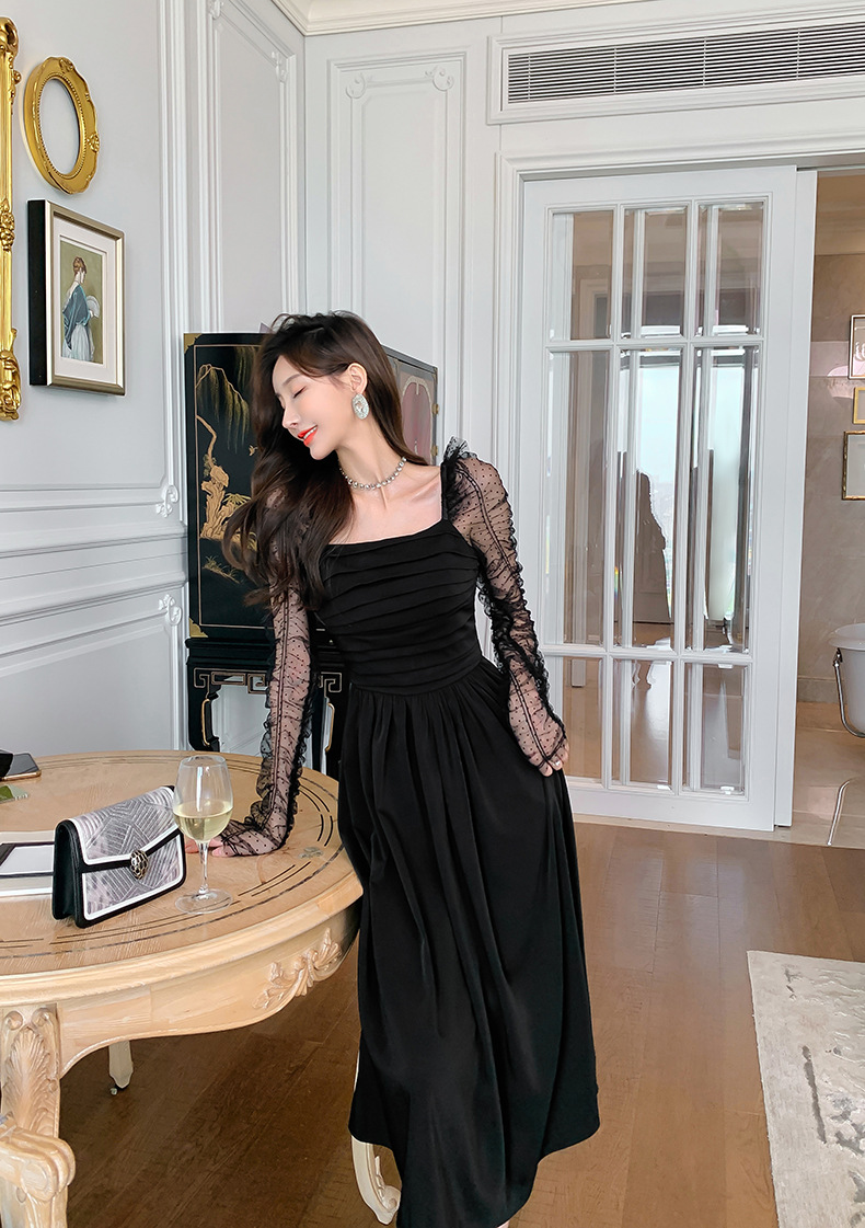 Váy đen ngắn kiểu Hepburn phối lưới tay bồng cổ vuông eo xếp ly — Màu đen chi tiết 6