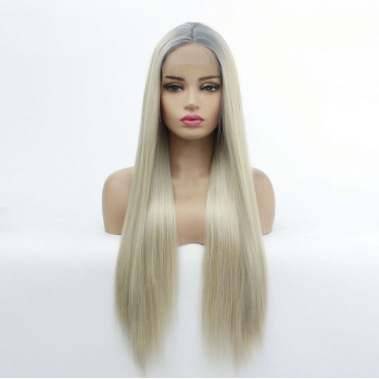 Peruca gris fibra química frente encaje rizado largo encaje europeo y americano cabello largo cubierta LW0282