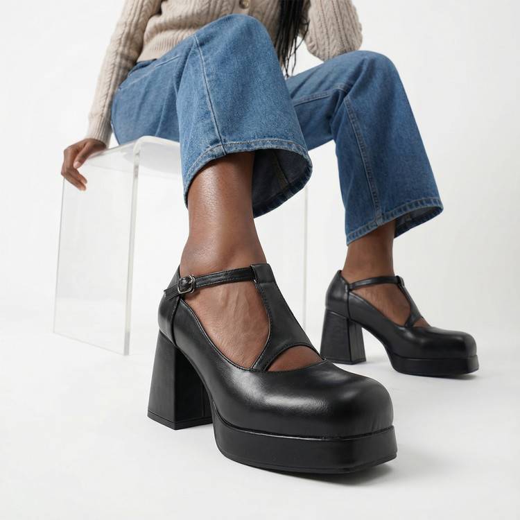 2026 Spring Cross-Border Women's Shoes Large Size 40-48 Waterproof Platform Mary Jane Foreign Trade High Heels