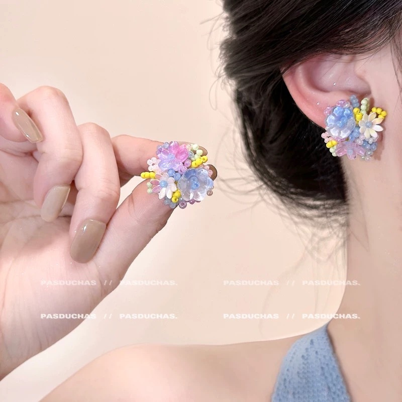 Vacation Style Super Fairy Atmosphere Flower Earrings for Women with Gentle Temperament and High-End Colorful Forest Earrings