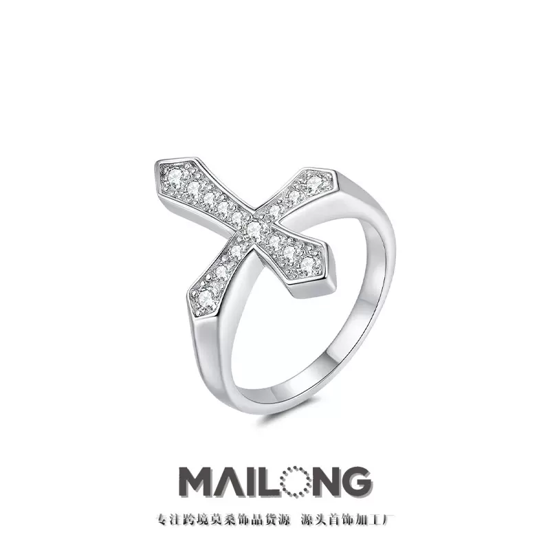 跨境欧美s925纯银戒指小众高级感莫桑石嘻哈十字架配饰外贸批发