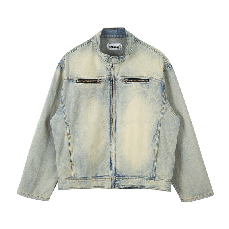 European-style High Street Niche Vintage Washed Old Denim Motorcycle Short Jacket with Vertical Collar Loose Casual Zipper Jacket