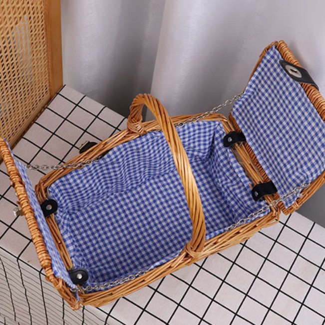 Cesta de picnic portátil de caña pastoral plegable con cubierta de cesta de comida para fotos accesorios cesta de picnic de excursión al aire libre