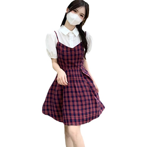 Women's Summer College Style Puff Sleeve Dress with High-Quality Texture, Petite and Elegant, Waist Cinching, Two-Piece Plaid Short Skirt