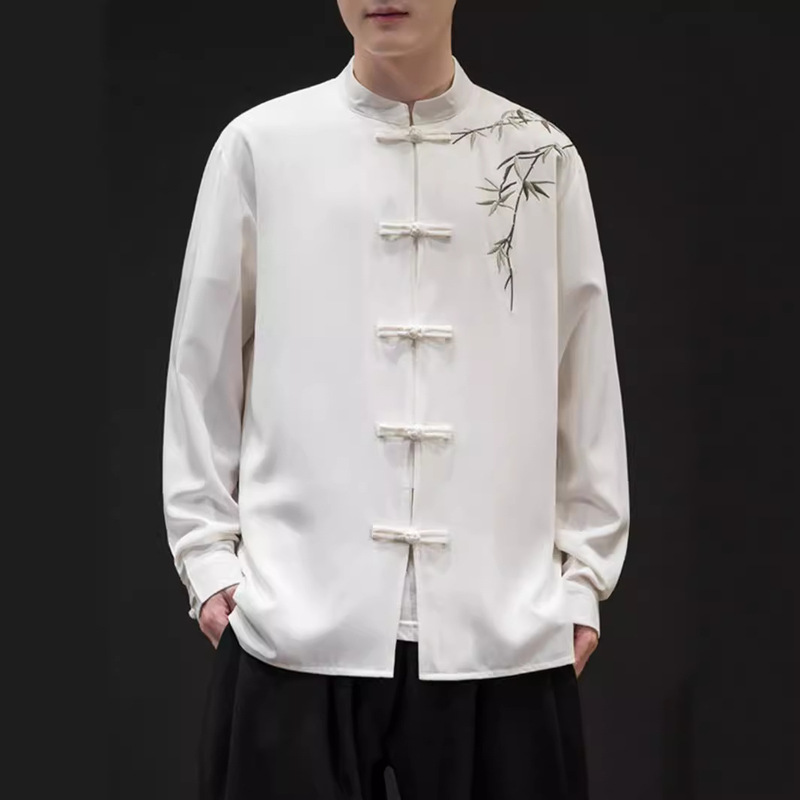 Long Sleeve Shirt Men's Spring and Autumn Chinese Style Large Size Embroidered Buckle Shirt Jacket Trendy Brand Loose Casual Tang Dress