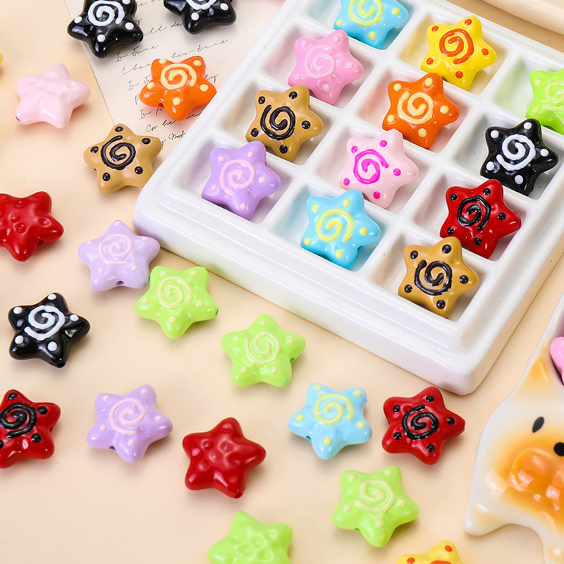Acrylic Cartoon Hand-Painted Five-Pointed Star Beads DIY Jewelry Accessories Bracelet Bag Hanging Material Straight Hole Star Loose Beads