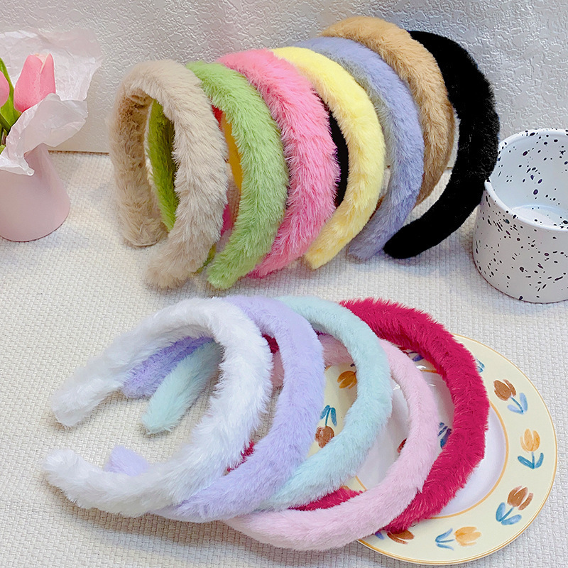 Autumn and Winter simple candy color wide edge plush headband cute high Skull top imitation rabbit fur solid color all-match headdress hairpin female