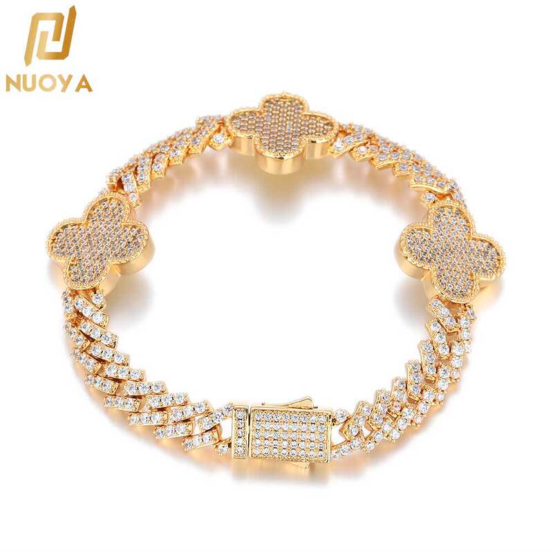 European and American Hip-Hop Spring Buckle Four-Leaf Clover Diamond-Shaped Cuban Chain Zircon Bracelet, High-End Versatile Men's Bracelet