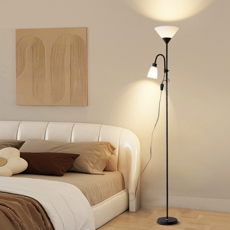 Floor Lamp, Modern LED 12W, Remote & Dimming Options, White/Black Pole with Beige/White Shade