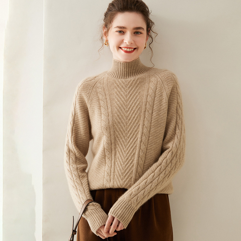 Alan flower shoulder half turtleneck cashmere sweater women's autumn and winter new warm knitted bottoming shirt sweater thickened solid color